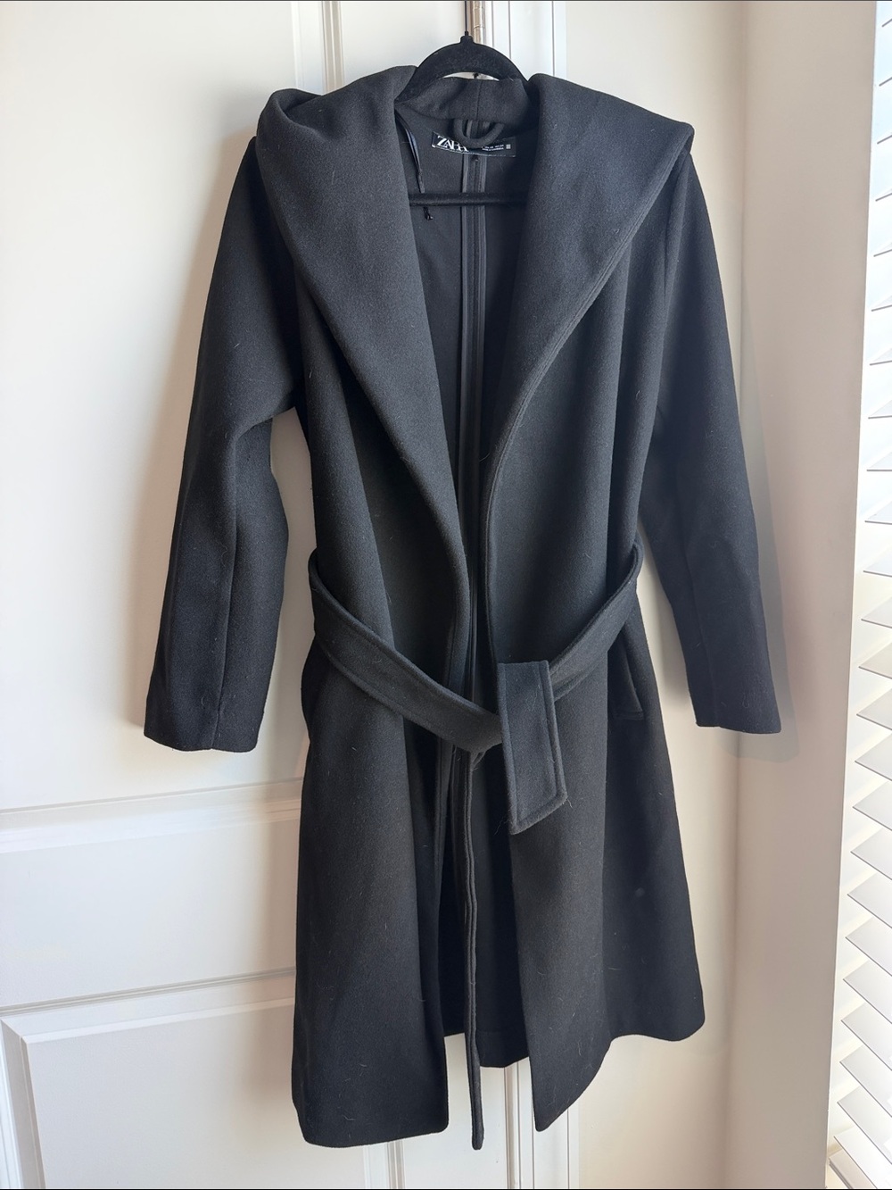 Zara Black Hooded Belted Coat